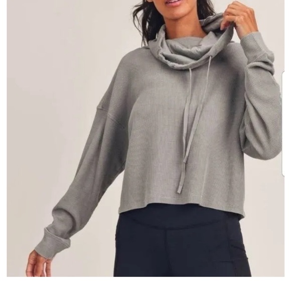 Mono B Gray Boxy Crop Cowl Neck Waffle Knit Pullover - Picture 6 of 8